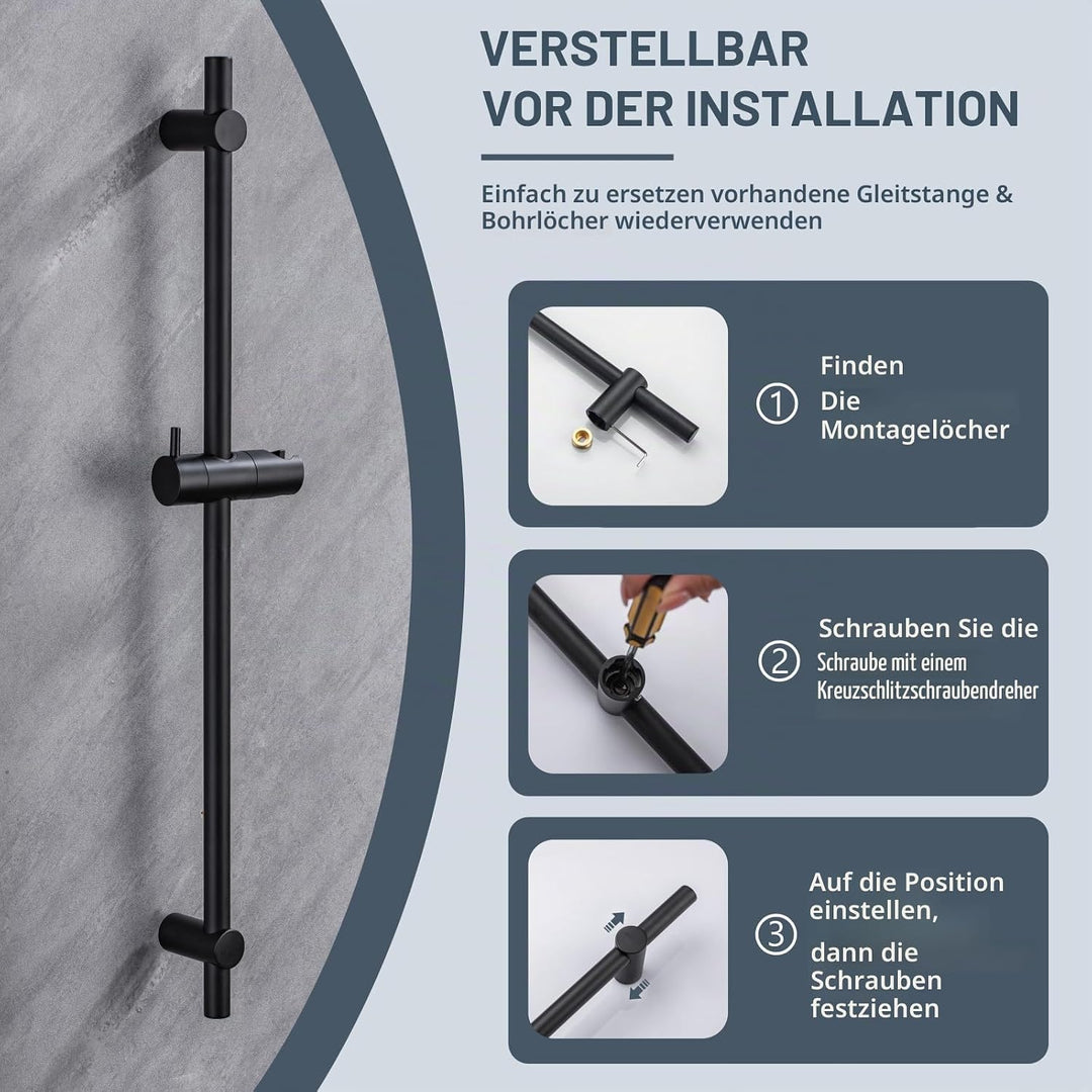 DETBOM Edelstahl Brausestange Schwarz 70cm, Duschstange mit Duschkopfhalterung 360°Drehbar,Duschstan