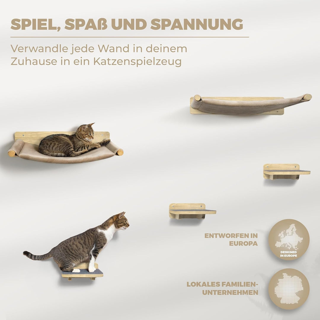 WOOWOOD® 2X Kletterwand Katzen - 2X Katzentreppe Wand [Vollholz] - Kratzbaum Wand - Hängematte Katze