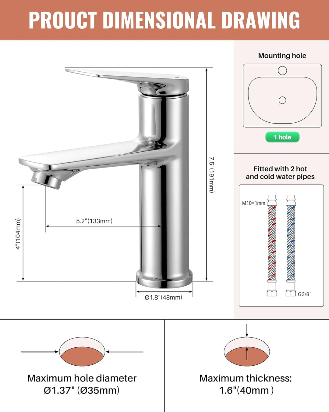 Wasserhahn Bad, Waschtischarmatur Bad Chrom Einhebelmischer Armatur Hochdruck Waschtischwasserhahn m