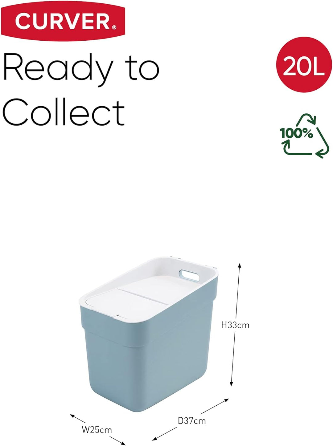 CURVER Ready to Collect 100% recycelter 20-Liter-Küchenzubehör-Recycling-Mülleimer mit Hebedeckel, r