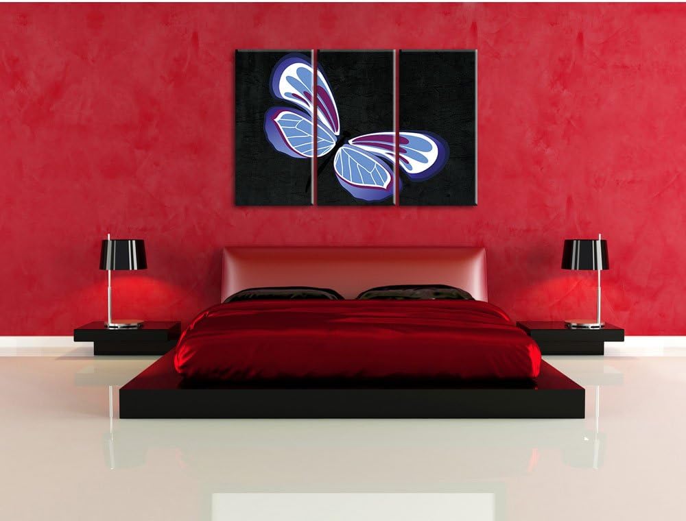 Pixxprint Hübscher lila-Blauer Schmetterling schwarz 3-Teiler Leinwandbild 120x80 Bild auf Leinwand