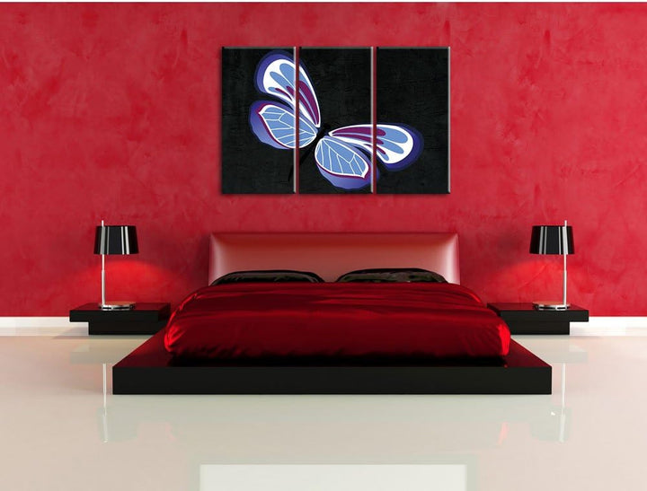 Pixxprint Hübscher lila-Blauer Schmetterling schwarz 3-Teiler Leinwandbild 120x80 Bild auf Leinwand