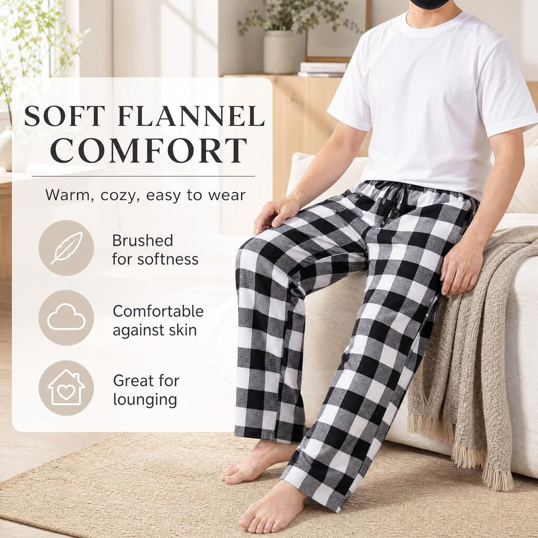 Herren 100% Baumwolle Flanell Bequeme Pyjama/Lounge Bottoms mit Taschen XL Black White Check, XL Bla