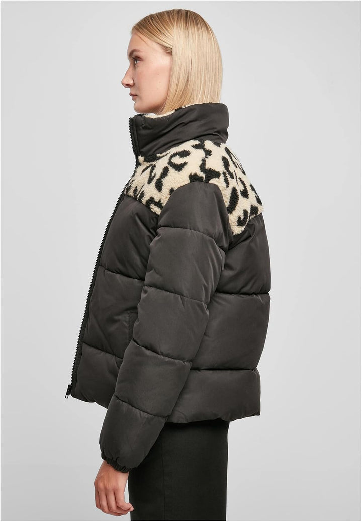 Urban Classics Damen Ladies AOP Sherpa Mixed Puffer Jacket Jacke 5XL Black/Sandleo, 5XL Black/Sandle