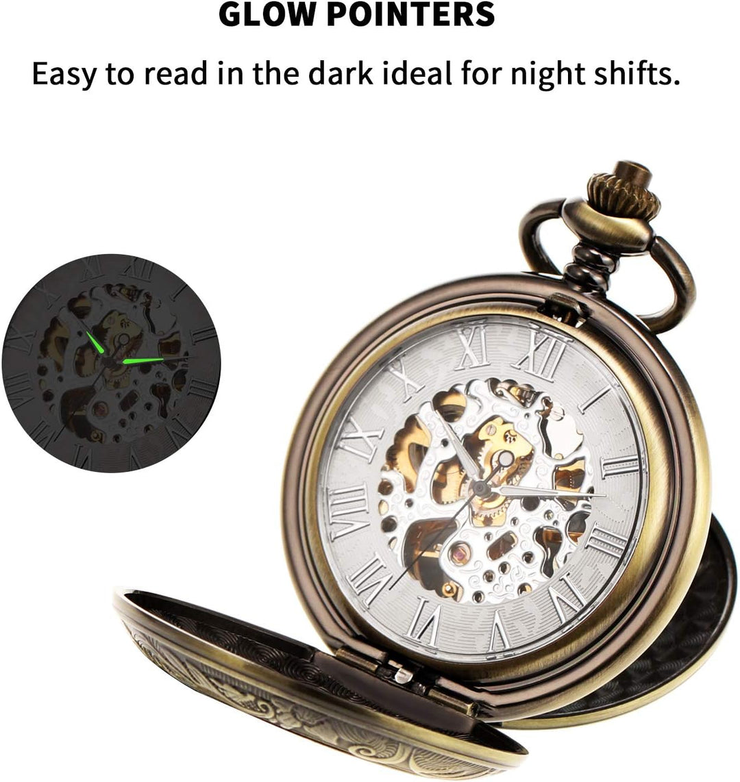 TREEWETO Unisex Taschenuhr mit Kette Mechanische Handaufzug Doppelscharnier Antik Skelett Römische Z