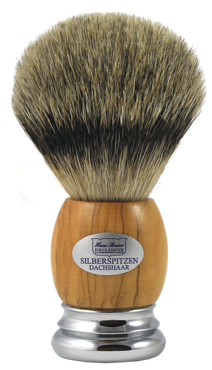 Hans Baier Exclusive Rasierpinsel Silberspitz Dachshaar - Griff Echt Olivenholz Grösse 1, 103 g, 103
