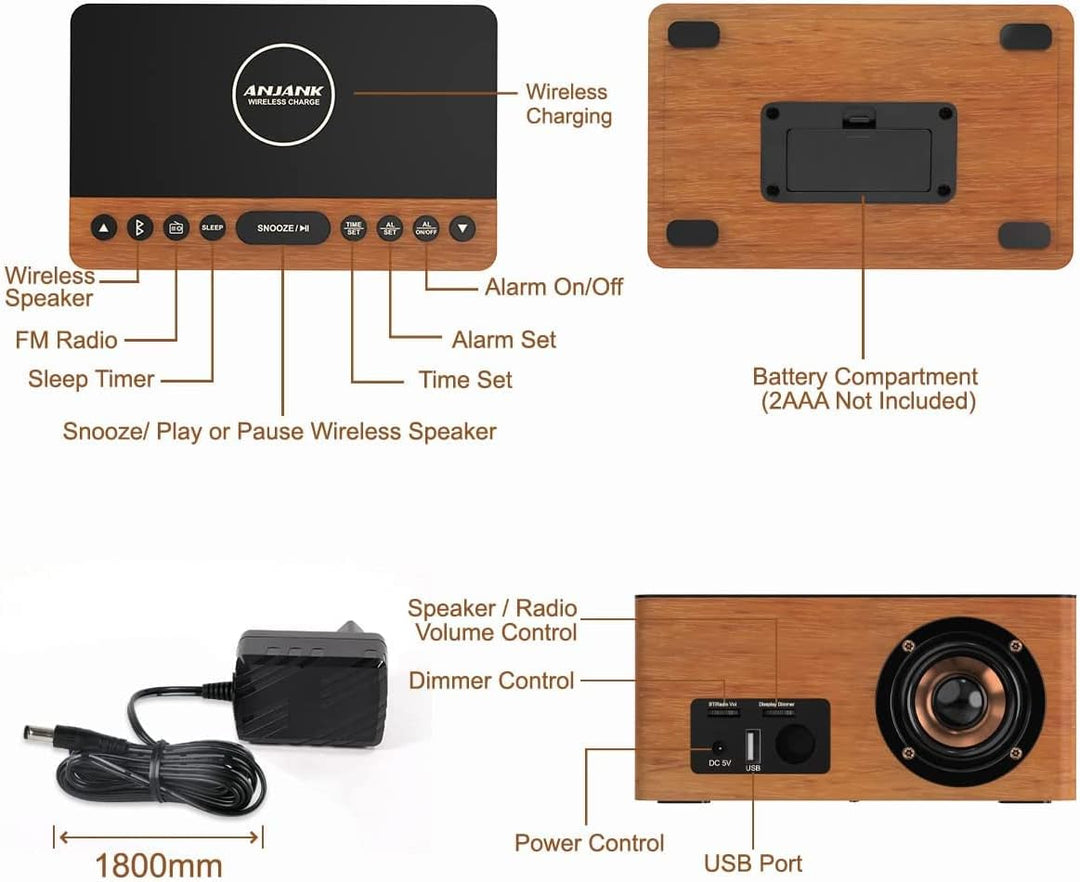 ANJANK Hölzerner Bluetooth-Lautsprecher Radiowecker Digital,Kabellose Ladestation für iPhone/Samsung