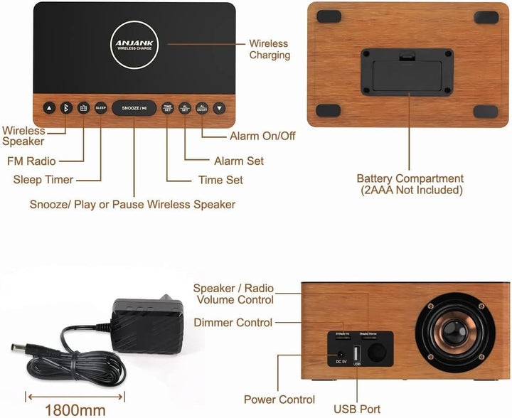 ANJANK Hölzerner Bluetooth-Lautsprecher Radiowecker Digital,Kabellose Ladestation für iPhone/Samsung