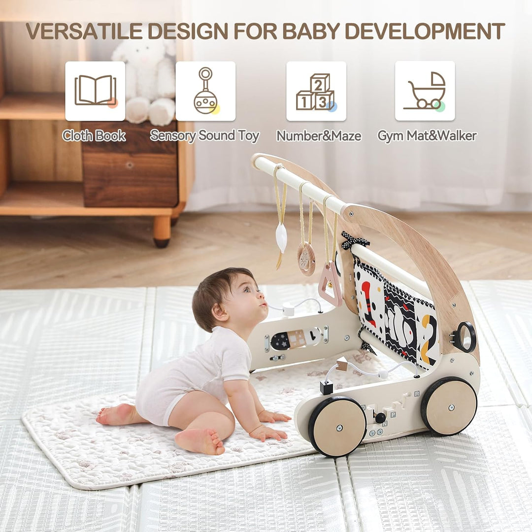 OESSUF 3 in 1 Baby Holz Lauflernhilfe Spielbogen Gym Spieldecke mit Sensorik Spielzeug, Drehzahl Lau