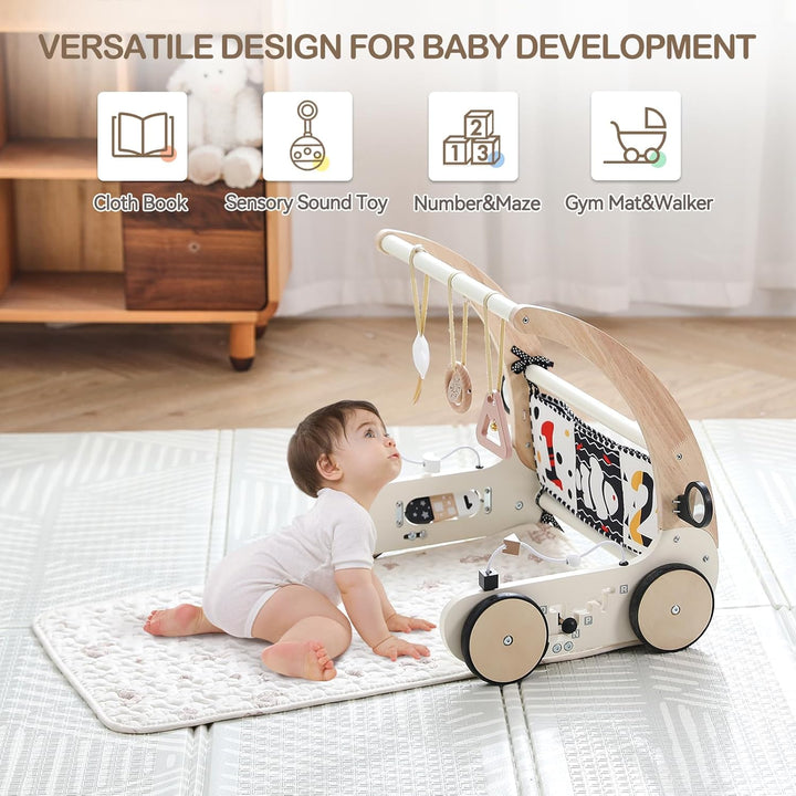 OESSUF 3 in 1 Baby Holz Lauflernhilfe Spielbogen Gym Spieldecke mit Sensorik Spielzeug, Drehzahl Lau