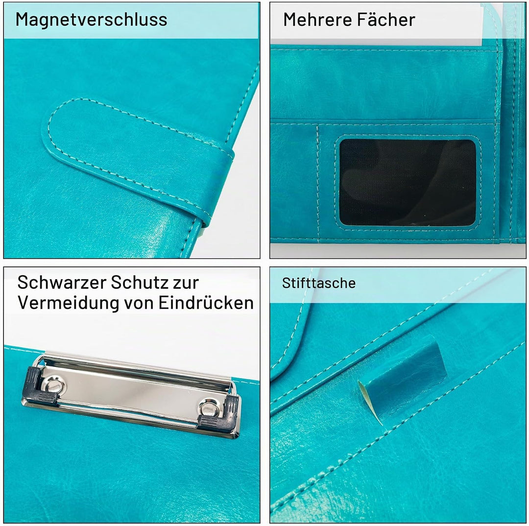 Schreibmappe A5 Klemmbrett Mappe mit Magnetischer Verschluss, organizer büro mappe, Türkis Ordner, D