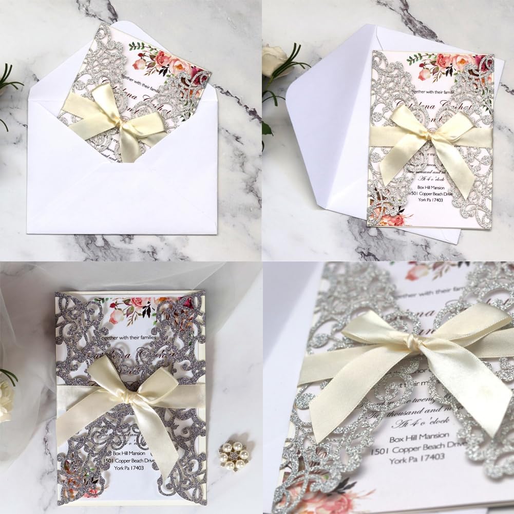 10 Stück Hochzeitseinladungen Laser Geschnittene Einladungskarten mit Bedruckbaren Papier und Umschl
