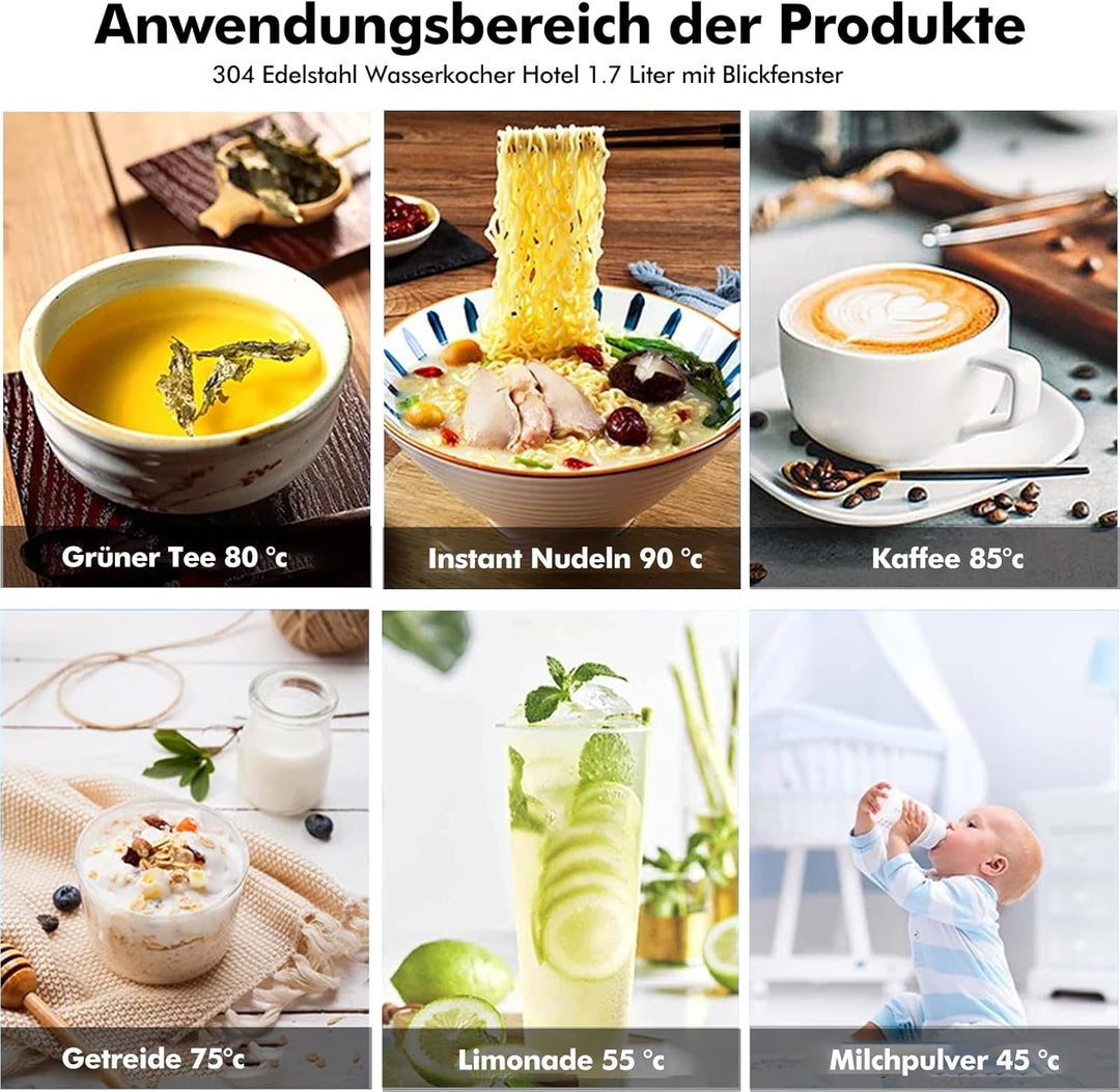 Wasserkocher mit Temperatureinstellung (45°C-90°C) Wasser Kocher Edelstahl 1,7 Liter Teekocher 100%