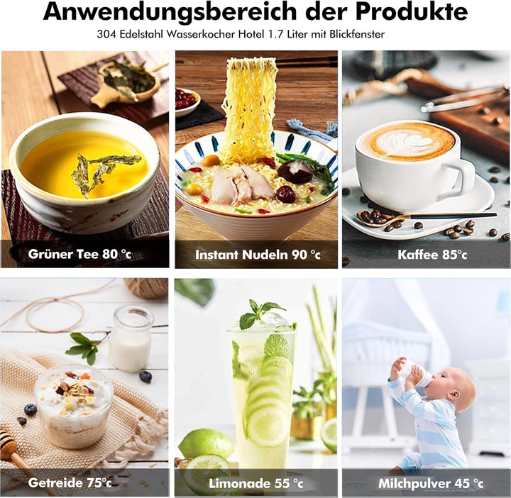 Wasserkocher mit Temperatureinstellung (45°C-90°C) Wasser Kocher Edelstahl 1,7 Liter Teekocher 100%