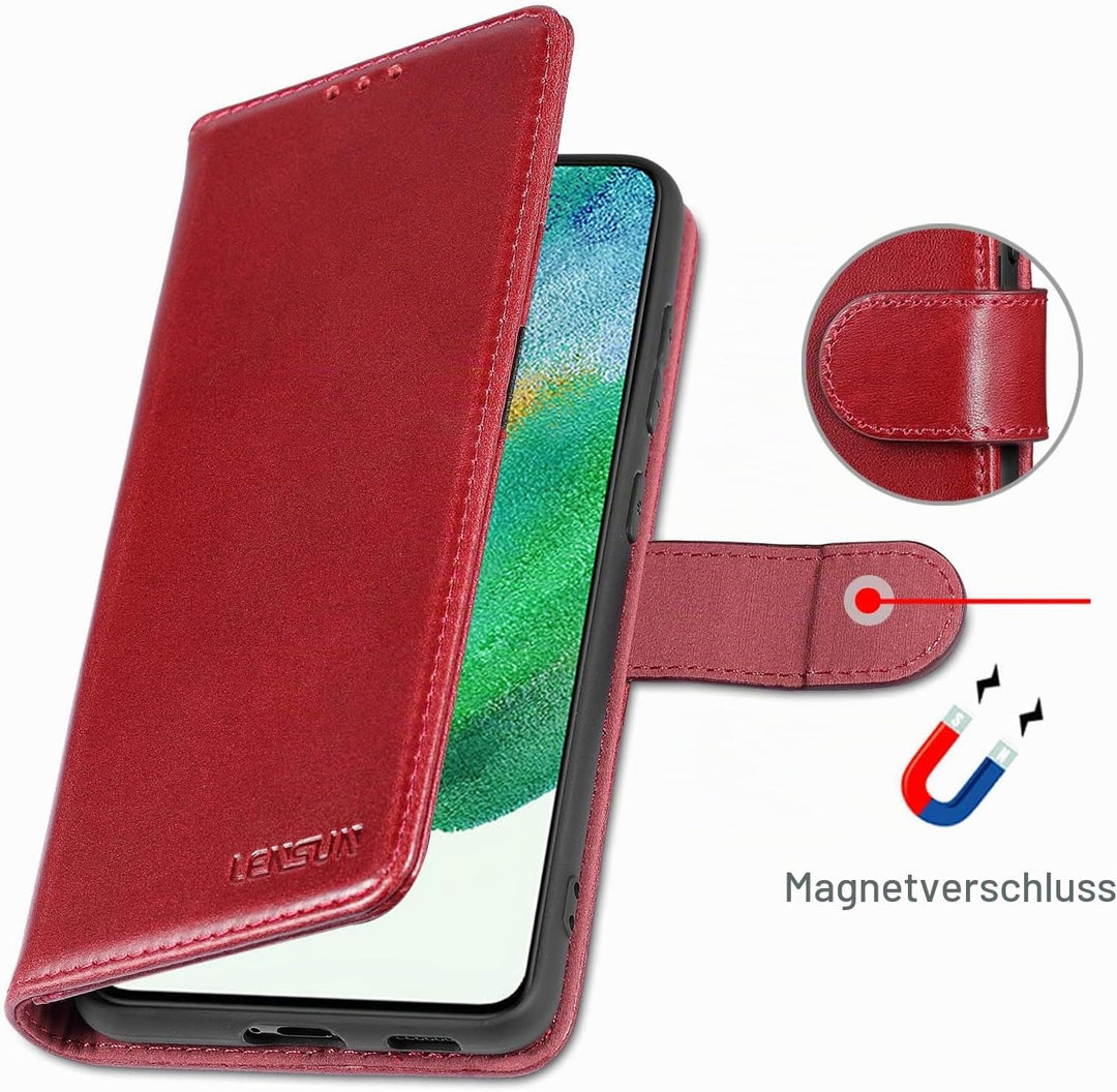 LENSUN Echtleder Hülle für Samsung Galaxy S21 FE, Handyhülle [Premium Echtes Leder] [Kartenfach] [RF