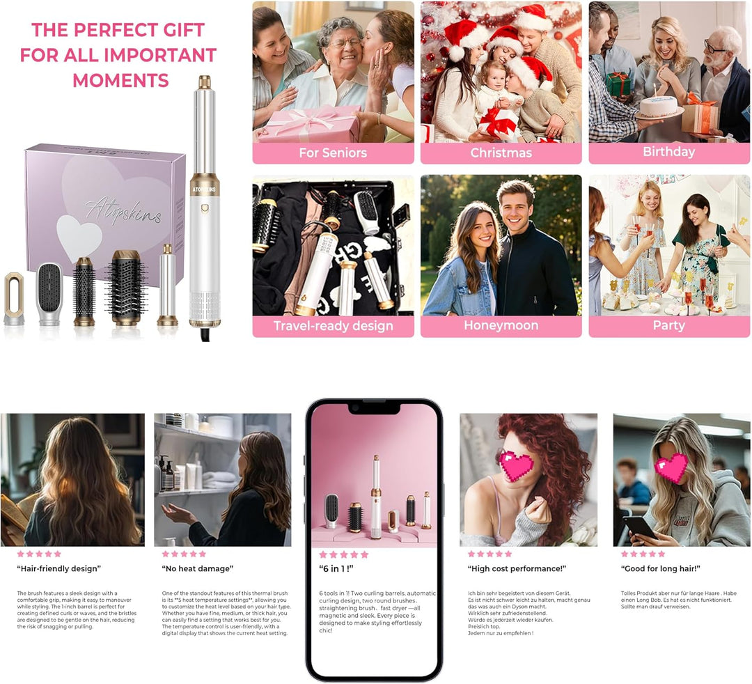 Atopskins Hairstyler 6 in 1 Airbrush Haarstyler Pro Air Styler mit Haartrockner, Auto-Hair Wrap, War
