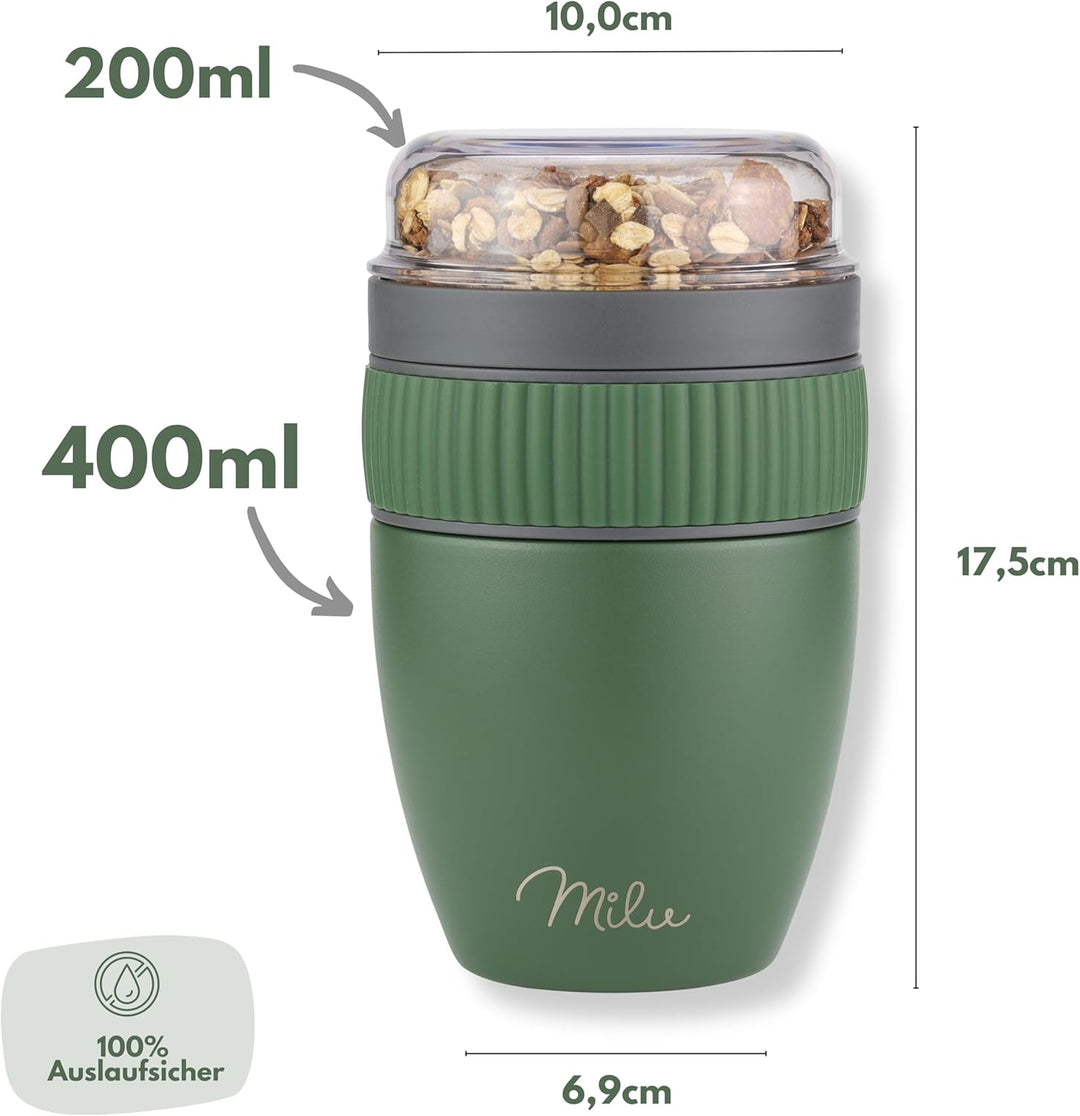 Milu Müslibecher to go 400ml I isolierter Edelstahl Joghurtbecher für Müsli I auslaufsicherer Becher