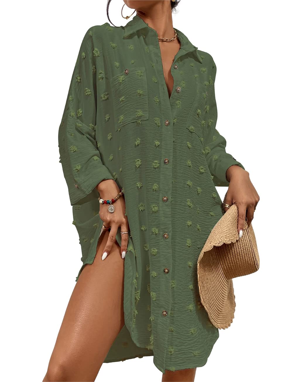 Bsubseach Damen-Badeanzug-Coverup Button-Down-Hemdkleider Swiss Dot Tops J-army Green, J-army Green