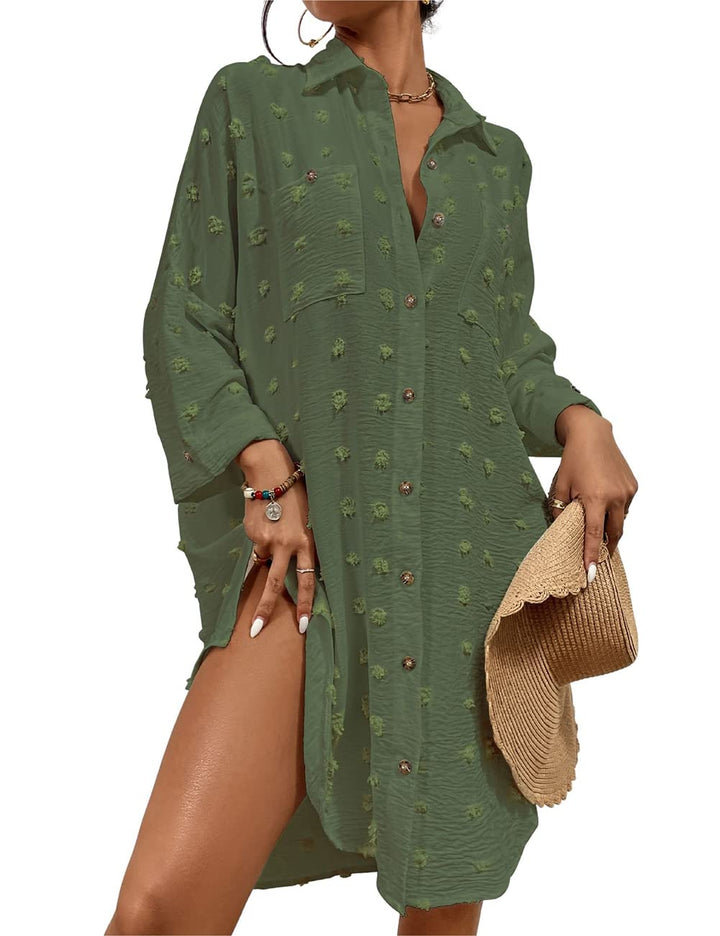 Bsubseach Damen-Badeanzug-Coverup Button-Down-Hemdkleider Swiss Dot Tops J-army Green, J-army Green