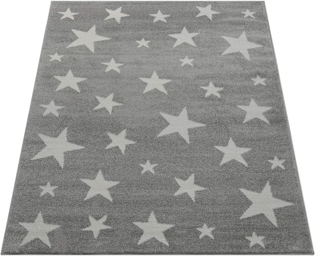 Paco Home Moderner Kurzflor Kinderteppich Sternendesign Kinderzimmer Star Muster Grau Weiss, Grösse: