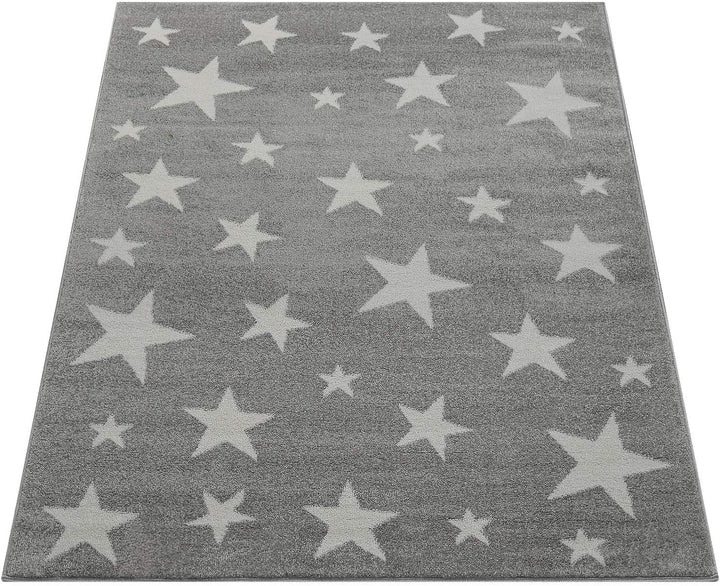 Paco Home Moderner Kurzflor Kinderteppich Sternendesign Kinderzimmer Star Muster Grau Weiss, Grösse: