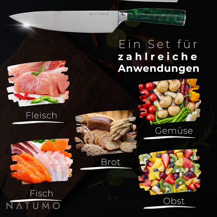 NATUMO Küchenmesser Set 9-teilig. HRC 56+ scharfes Messerset Profi in Damast-Optik aus Allzweckmesse