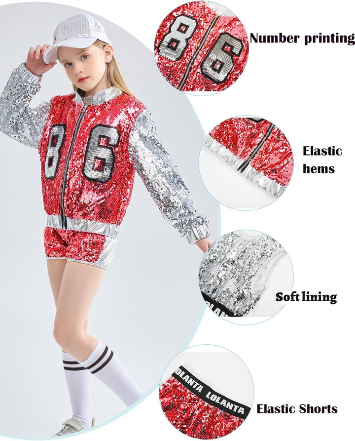 LOLANTA 4 Stück Mädchen Hip Hop Tanz Kostüm Kinder Pailletten Jazz Tanz Kleidung Set Socken angebrac