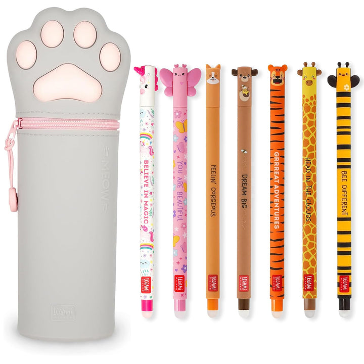 LEGAMI Set mit 7 radierbaren Gelstiften + 2-in-1-Federmäppchen – mit thermoempfindlicher Löschtinte,