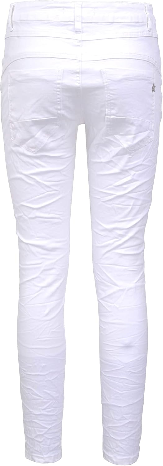 Jewelly Damen Stretch Boyfriend Jeans - Patches Aufnäher - Five-Pocket im Crash-Look 34 Weiss, 34 We