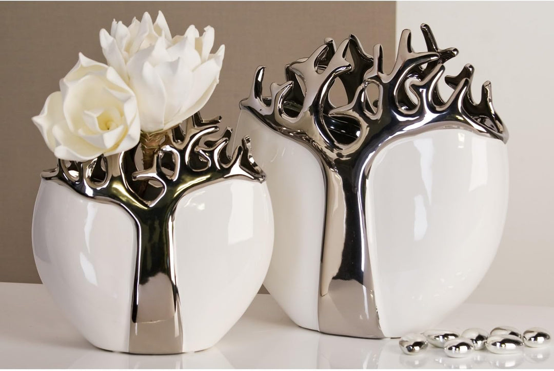 GILDE - Vase Tree - Keramik - weiss mit silbernem Baumdesign - Dekovase - Höhe 21 cm