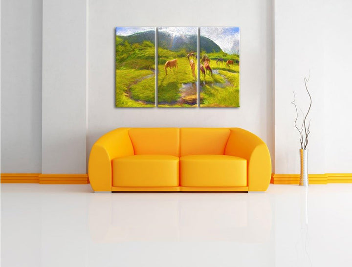 Pixxprint Wildpferde auf Wiese als Leinwandbild/Grösse: 3 Teilig (120x80) cm/Wandbild/Kunstdruck/fer
