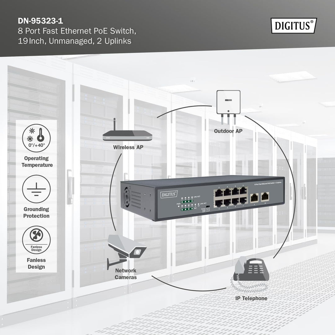 DIGITUS Fast Ethernet PoE+ Switch - 19 Zoll - 8 Ports + 2X Uplink RJ45 - IEEE802.3af/at - 120W Power