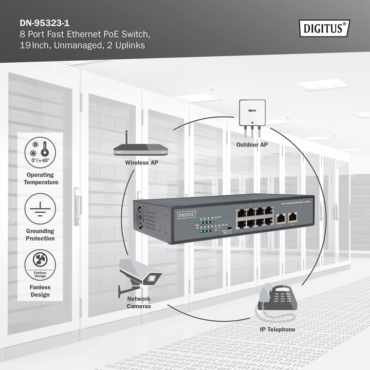 DIGITUS Fast Ethernet PoE+ Switch - 19 Zoll - 8 Ports + 2X Uplink RJ45 - IEEE802.3af/at - 120W Power