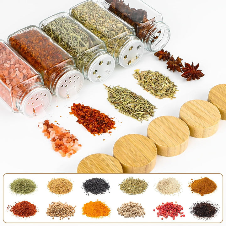 Lannvan Gewürzgläser Eckig, [24x 120ml] Gewürzgläser mit Streueinsatz, Gewürzgläser mit Bambusdeckel