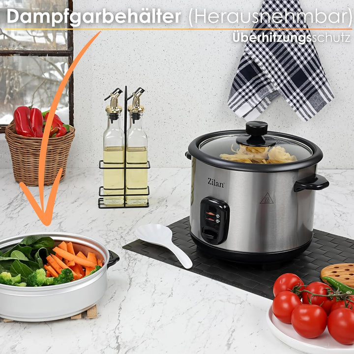 Reiskocher | Multikocher | 1,5 Liter | Dampfkocheinsatz | Reis Kocher | 500 Watt | Aluminium | Autom