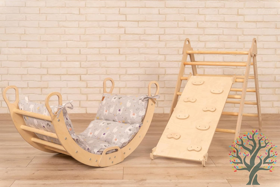 WoodsCraft 4in1 Set: Grosse Kletterbogen mit Kissen & Kletterdreieck mit 2in1: Rutsche Indoor/Klette