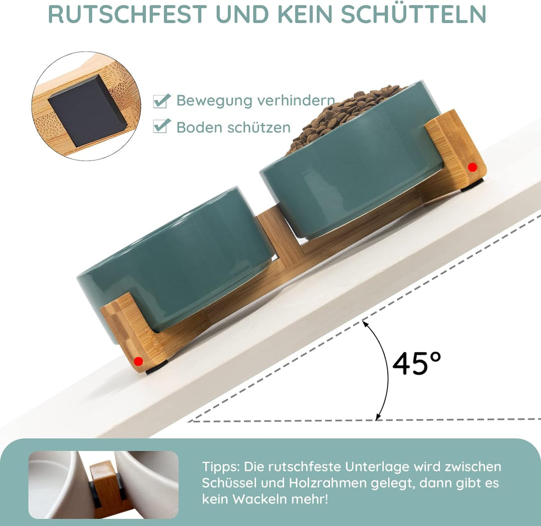 SPUNKYJUNKY Keramik Doppel Futternapf mit Bambus Ständer für Katzen und Hunde (850ml, Grün) Türkis D