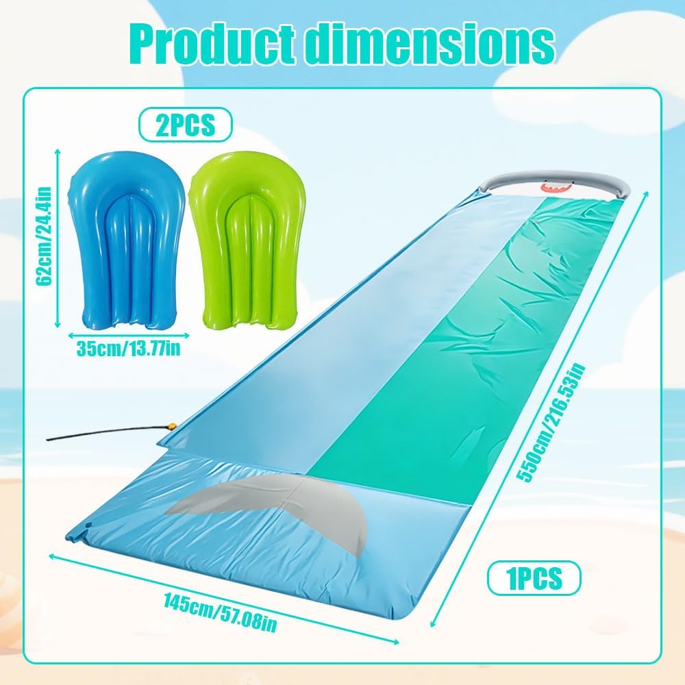Wasserrutsche Garten, 550x145cm Doppel-Wasserrutsche, Wasserrutschmatte mit Eingebautem Sprinkler, 2
