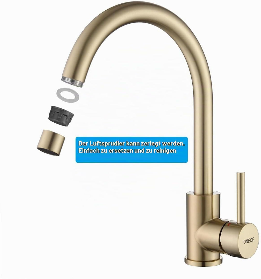ONECE Gold matt Küchenarmatur mit 360° drehbar Auslauf, Hochdruck Wasserhahn Küche Spültischarmatur