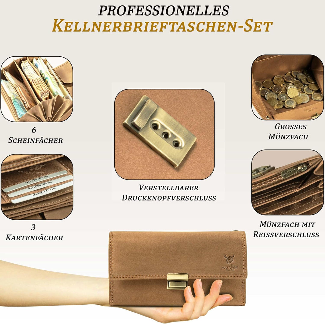 MATADOR Kellner Geldbörse Leder 'VICIO mit Kellnertasche Set | Kellnerportemonnaie Leder mit Kellner