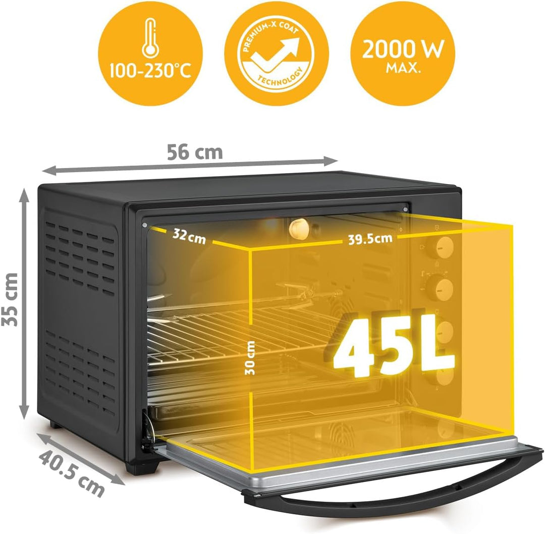 TZS First Austria Minibackofen, 2000 Watt, 45L, mit Innenbeleuchtung, Umluft-Funktion, Drehspiess fü