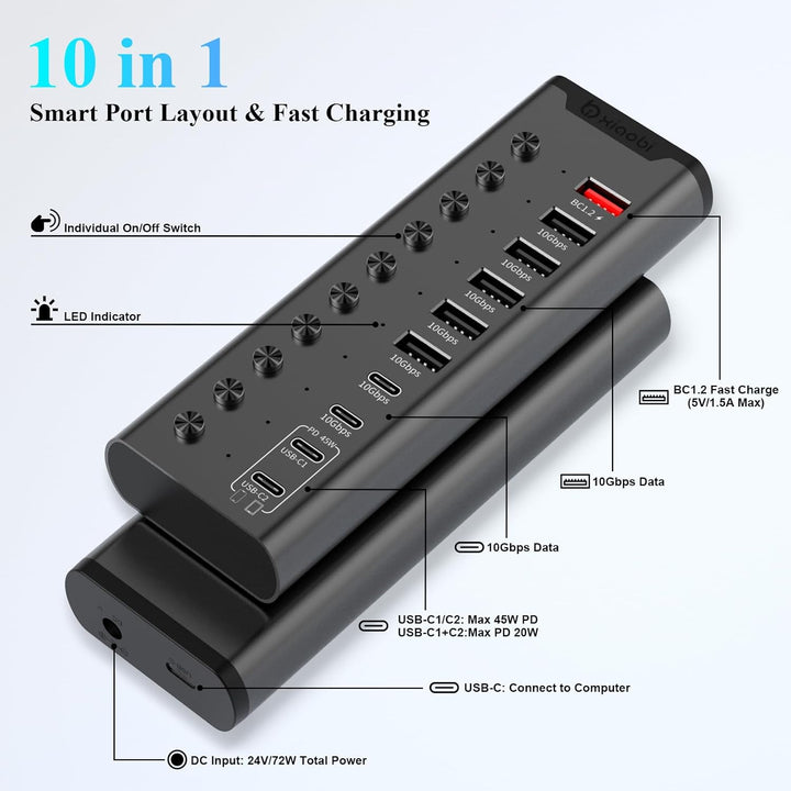 Aktiver USB-Hub, 10-Port USB-C-Hub mit 5X USB-A 3.2 und 2X USB-C 3.2, BC1.2 & 2X PD 45W Ladeports, E