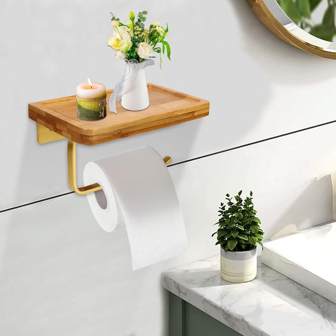 Toilettenpapierhalter, Wandhalter mit dem Ggräumigen Regal,, Holz Gold Toilettenpapierhalter Wand mo