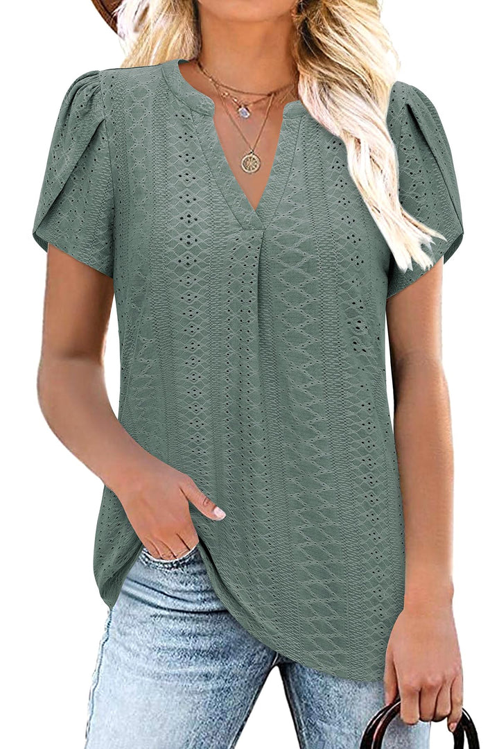 Siddhe Damen Bluse Kurzarm T-Shirts V-Ausschnitt Elegant Lässig Tunika Oberteil Locker Longshirt M (