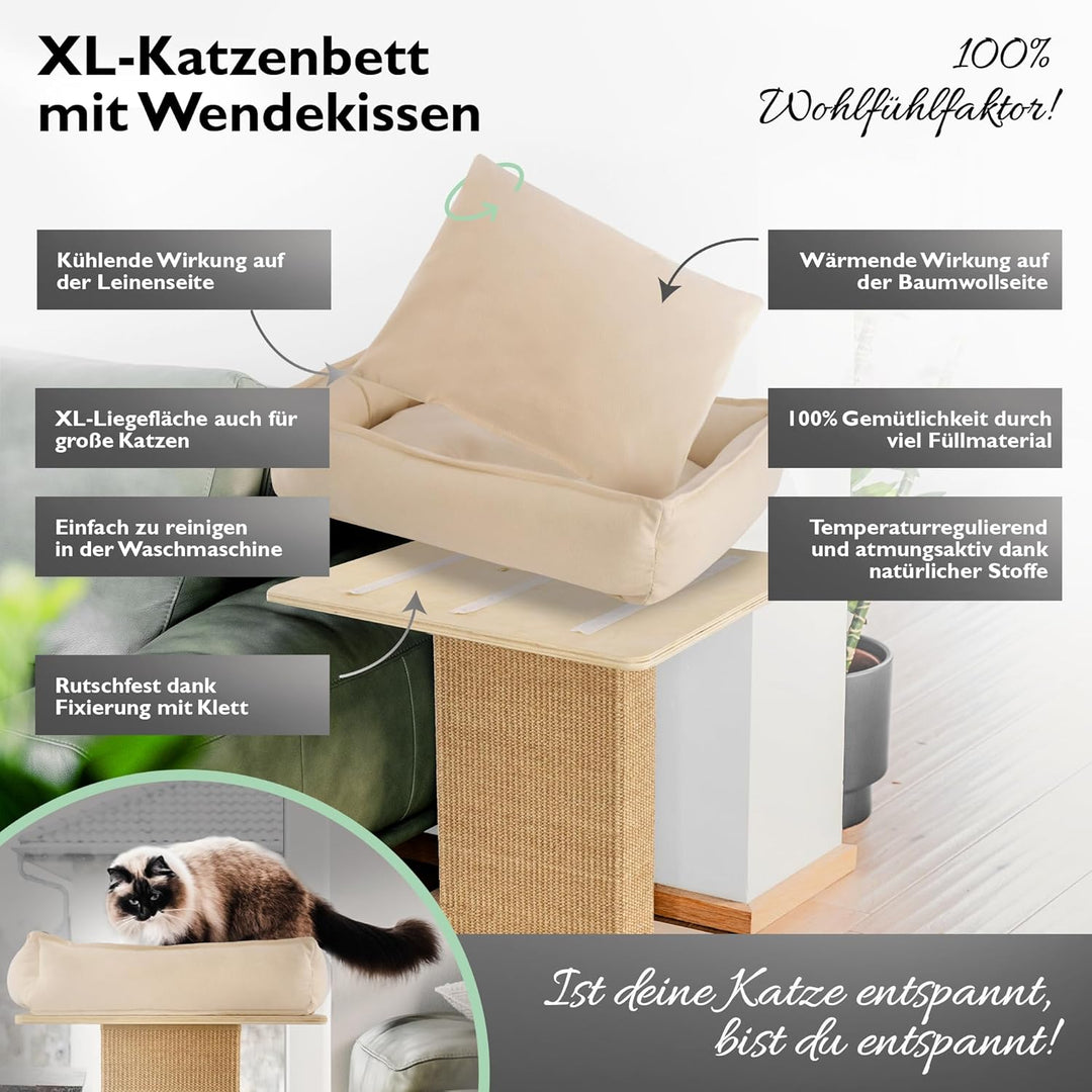 Nemmy Premium Kratzbaum klein beige | Stabiler Kratzstamm extra breit | Katzenbett mit Kissen | Katz