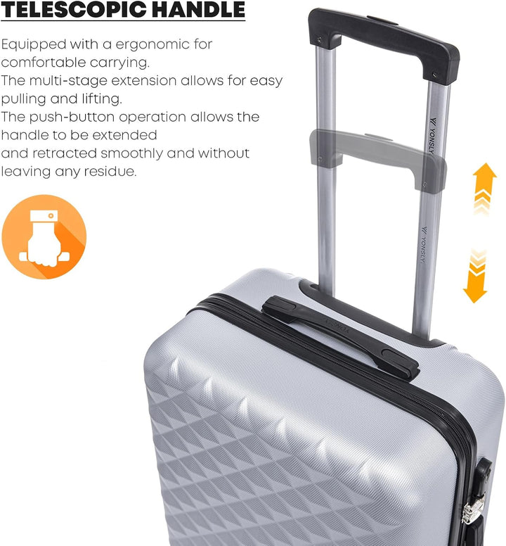 Koffer Suitcase L Silber, Trolley Reisekoffer, Rollkoffer Handgepäck mit 4 Rollen 360°, Hartschalenr