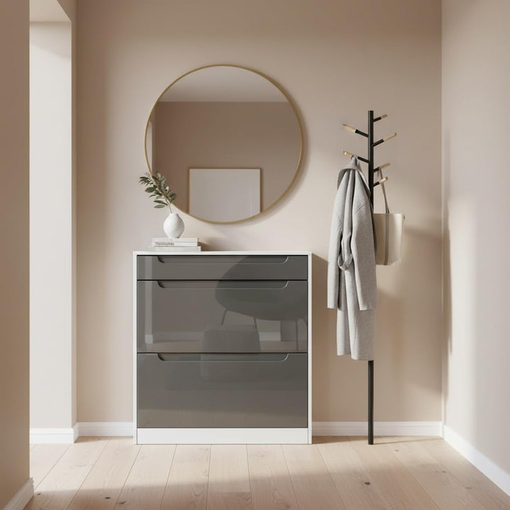 Schuhschrank Venezia Schmal mit 2 Klappen und 1 Schublade, Platzsparender Schuhkipper Flurschrank fü