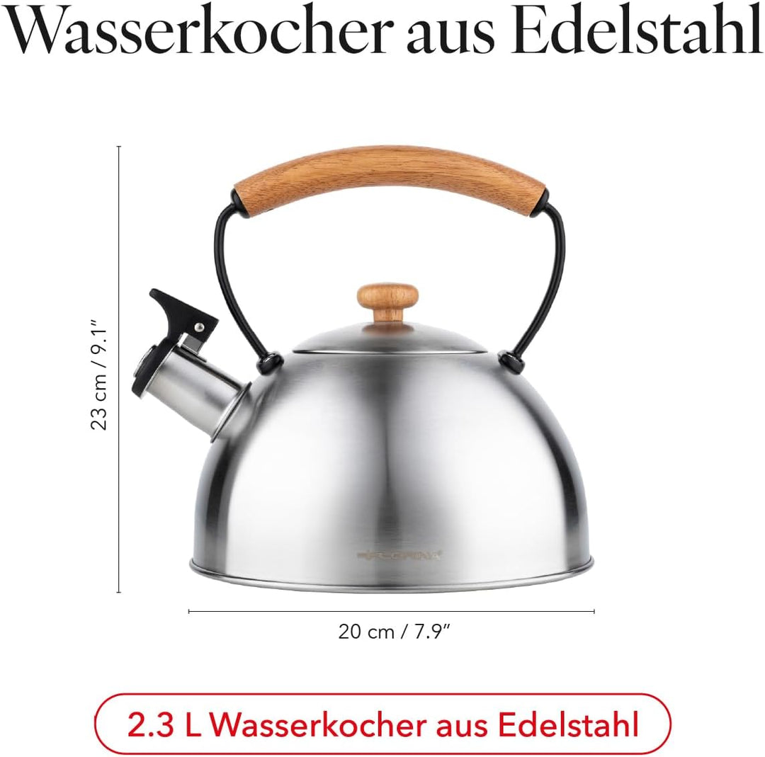 Florina Wooden Wasserkessel Induktion, Flötenkessel, Alle Herdarten, 2,3 L, Edelstahl Teekessel, Hol