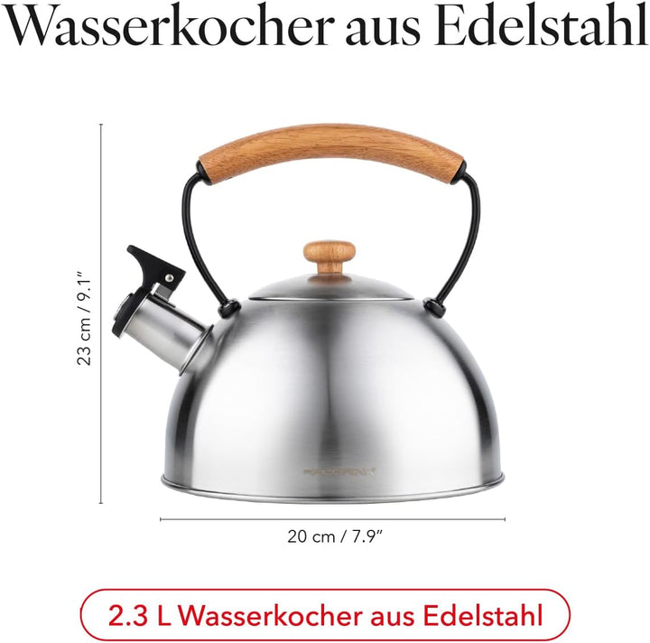 Florina Wooden Wasserkessel Induktion, Flötenkessel, Alle Herdarten, 2,3 L, Edelstahl Teekessel, Hol