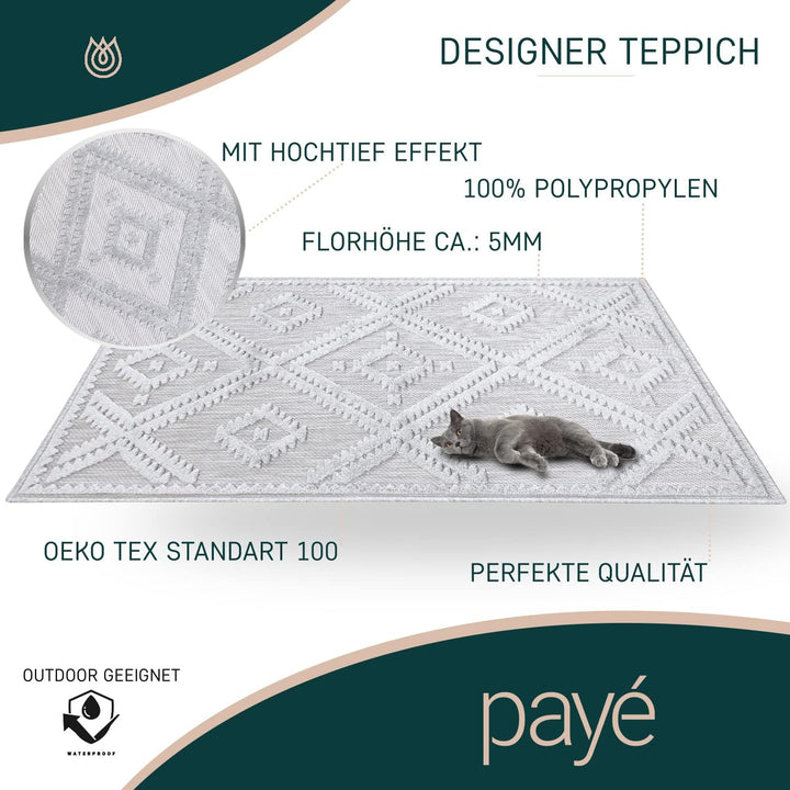 payé Teppich Läufer - Silber Grau Raute - 60x110cm - Boho Deko Teppiche für Balkon Terrasse Garten -